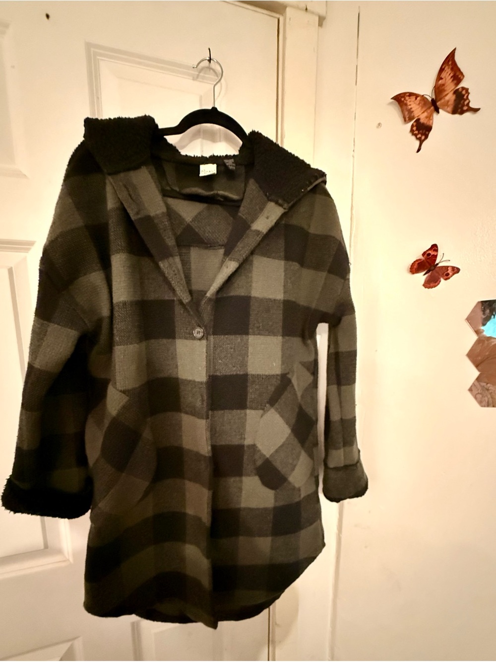 Green and Black Plaid Hooded Jacket